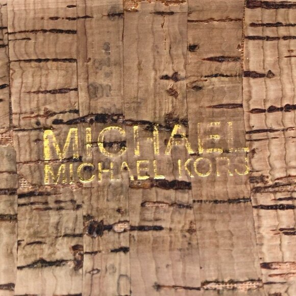 Michael Kors MK Warren Leather Platform Cork Slide Sandals Gold Logo Plate 10M - Picture 9 of 16